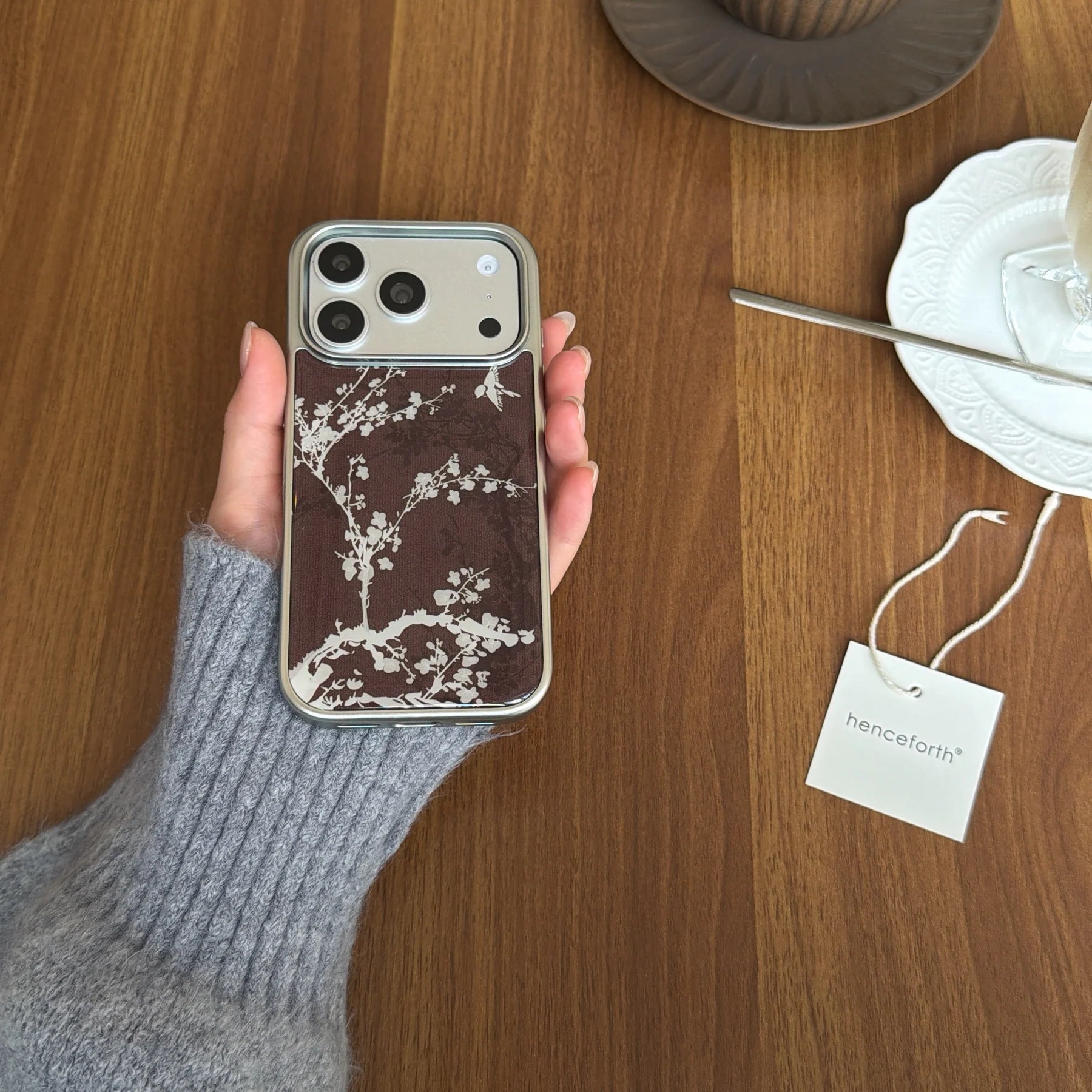 Elegant Plum Blossom Burgundy Bird & Branch Traditional Art Phone Case for iPhone 17 16 15 14 13 Pro Max Back Phone Cover Capa