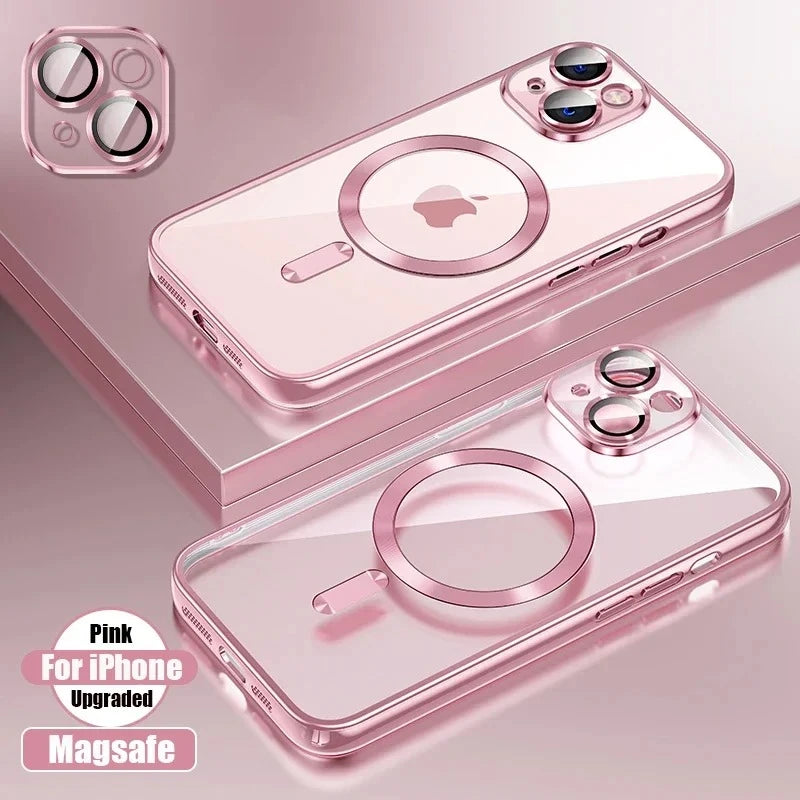 Clear Plating Ultrathin Silicone Case For iPhone 17 Air 16 15 14 13 12 11 Pro Max Magsafe Magnetic Lens Film Protect Cover Pink