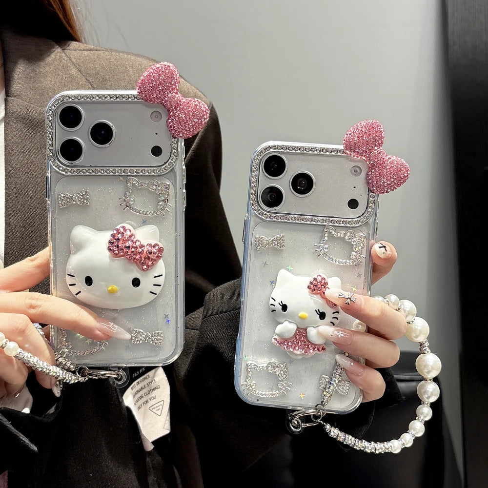Cute Cartoon Sanrio Hello Kitty Bling Glitter Diamond Phone Case For iPhone 17 16 15 14 13 12 11 Pro Max Shockproof Hard Cover