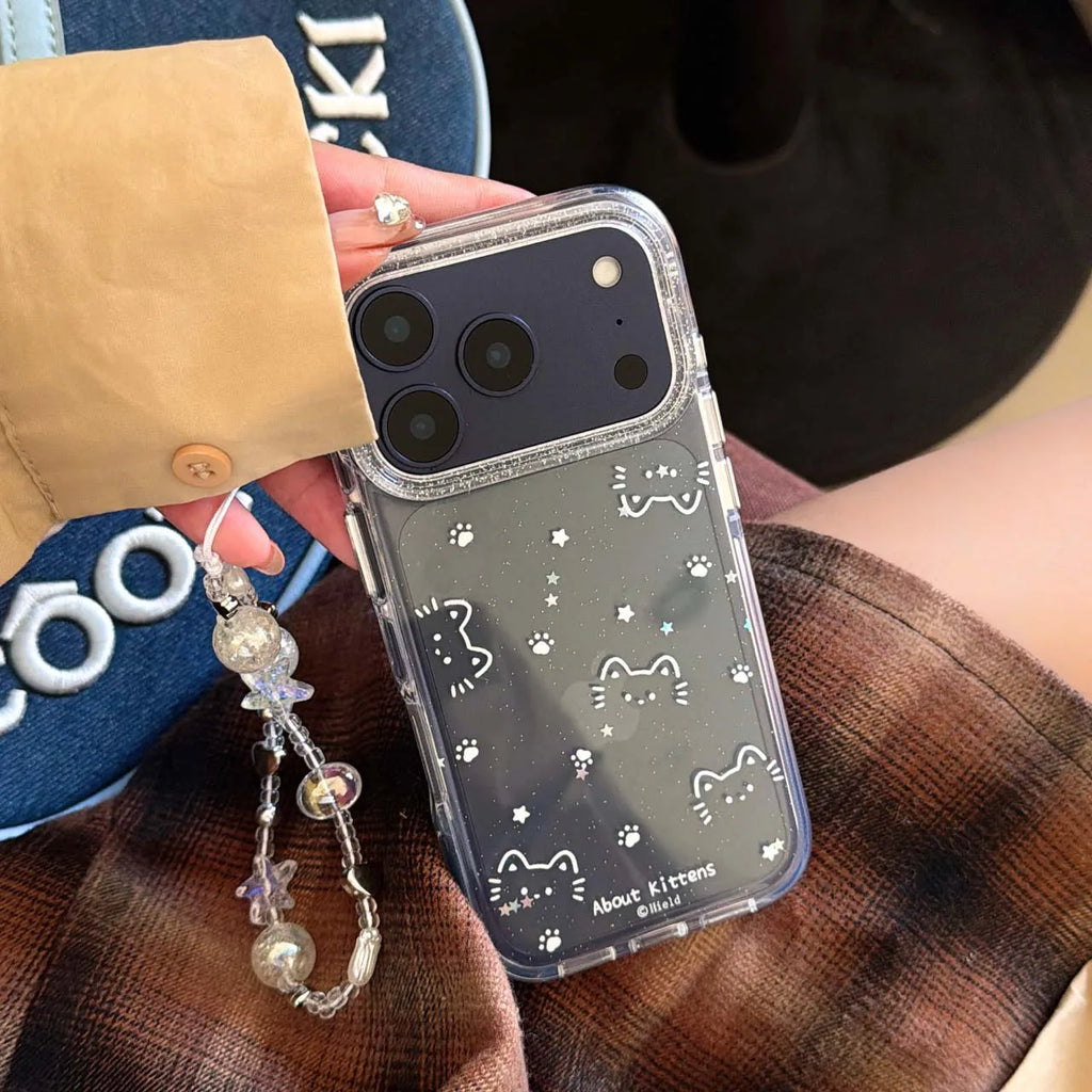Cute cat line shiny stars paw print ins imd back cover for iphone 17 14 15 promax 13 16 pro max phone case bacelet capa