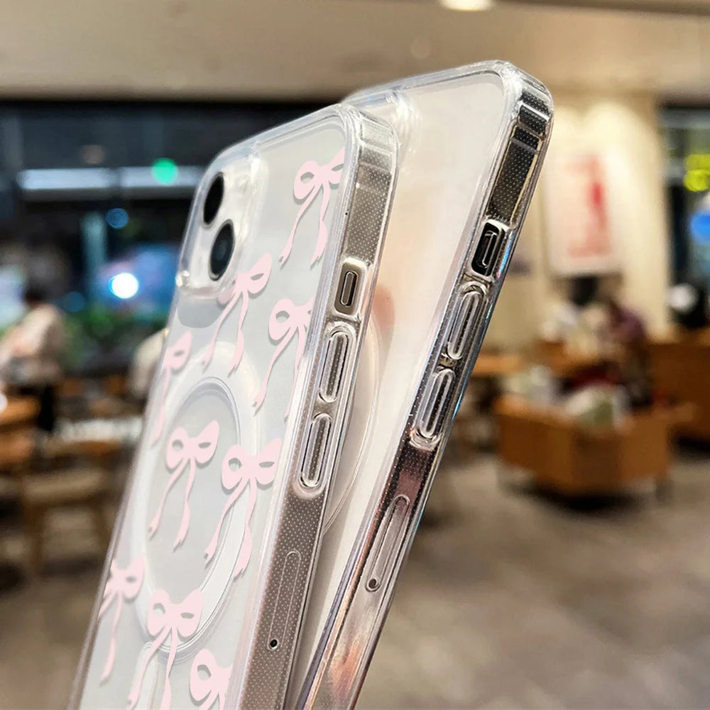 Y2K Pink Bow Magsafe Magnetic Charging Case For iPhone 13 Case iPhone 16 15 11 14 13 12 17 Pro Max Air Clear Shockproof Cover