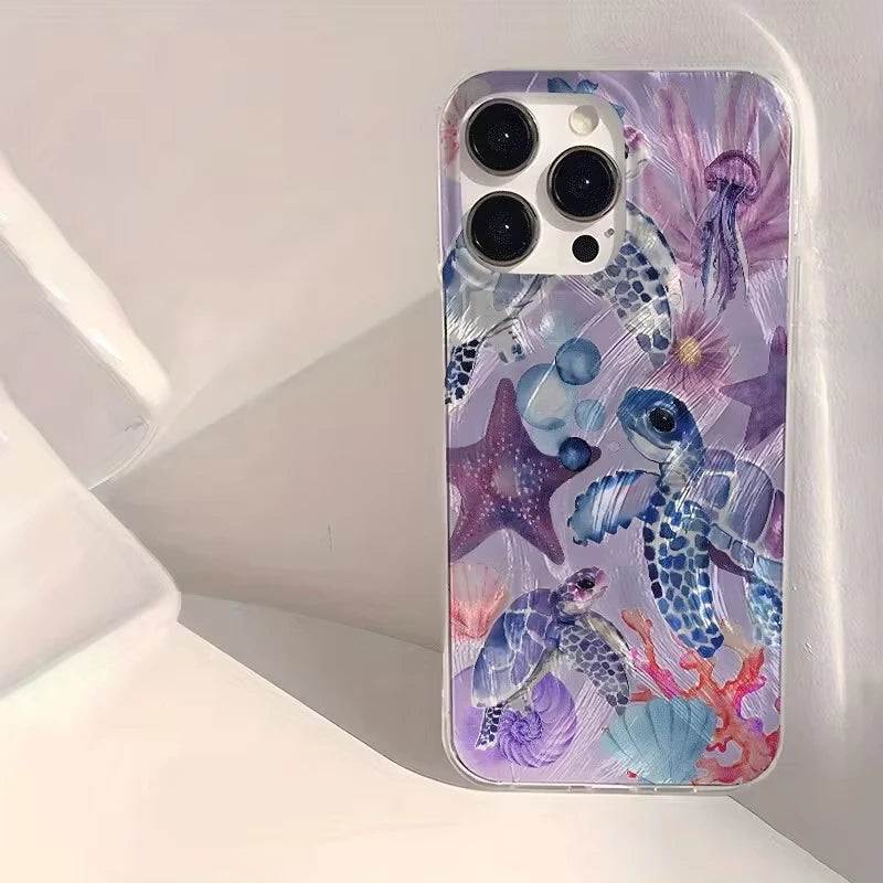 Marine Animals Illustration Phone Case for iPhone 11 13 14 15 16 17 Pro Max 7 8 14 15 Plus X XS XR 16e Air Feather Texture Cover