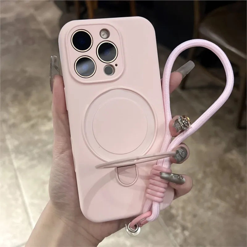 Original Liquid Silicone Soft Case for iPhone 16 15 14 Plus 13 12 11 Pro Max Metal Kickstand Holder For Magsafe Lanyard Cover