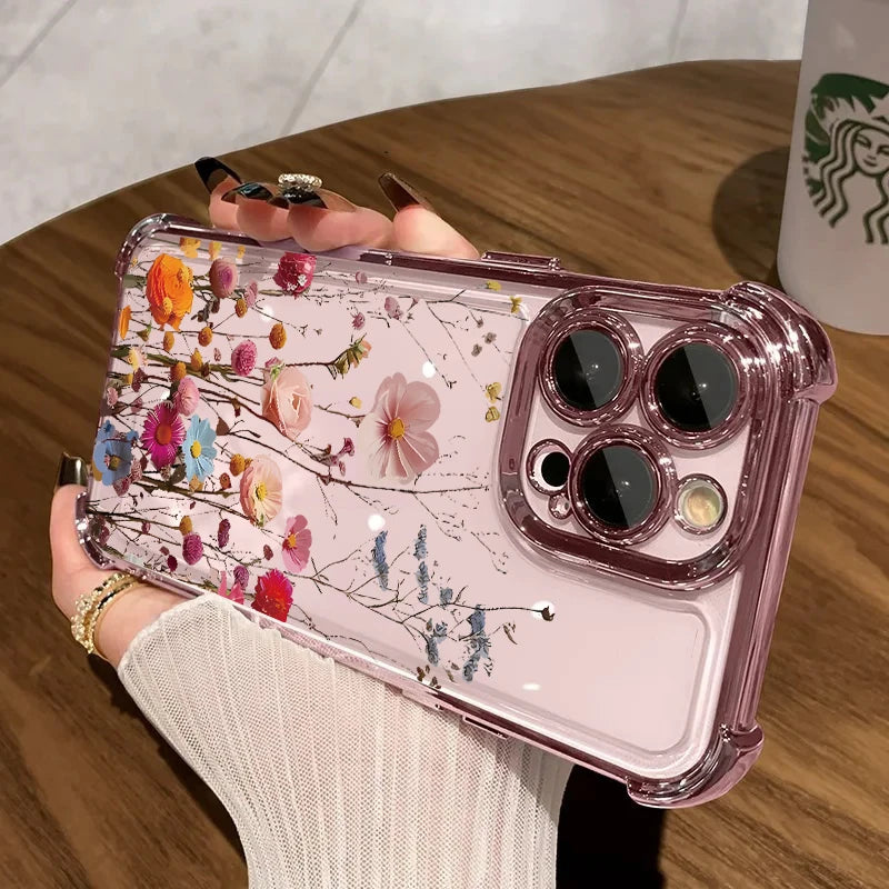 Flower Plating Transparent Phone Case For Samsung Galaxy S25 FE Edge S26 S24 S22 S23 S21 Plus Note 20 Ultra 5G Airbag TPU Cover