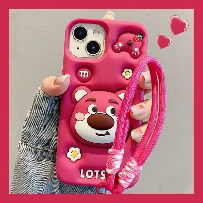 Cartoon lotso Bear Cute Soft Silicone Case For iphone 17 16 15 14 13 12 11 Pro Max XSMAX XR 6 7 8 Plus With Stand Holder Cover