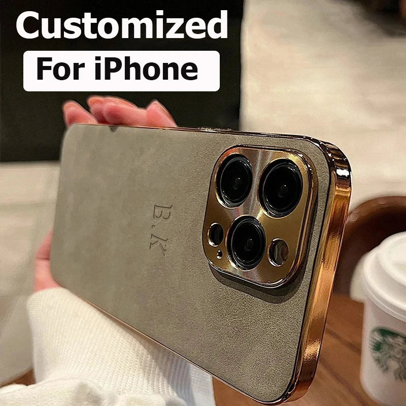 Leather Personalised Customized Name Case For Iphone 11 12 13 14 15 16 17 Pro Max 17 Air Plating Frame Lambskin Initials Cover