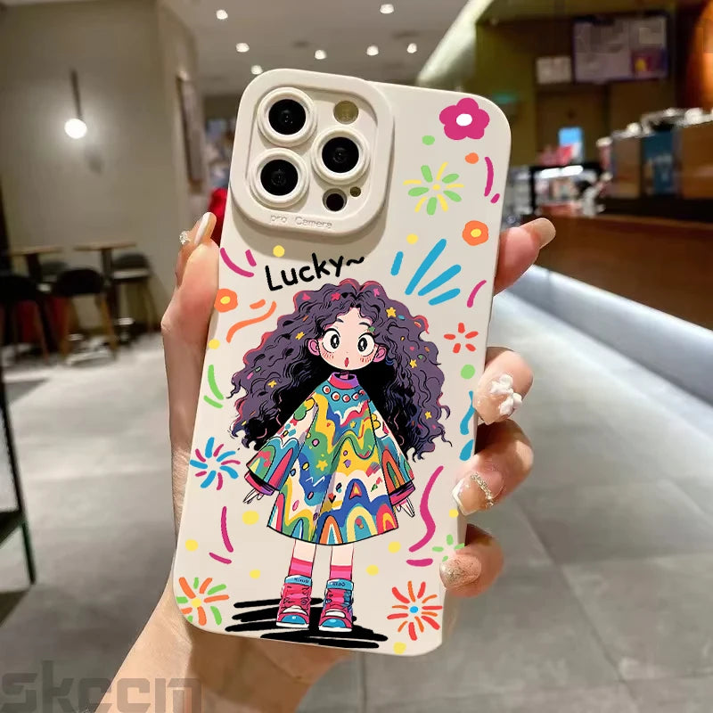 Cute Cartoon Little Girl Printed Silicone Phone Case For iPhone 16 Pro Max 15 14 13 12 11 7 8 Plus XR X XS 16E Soft Cover