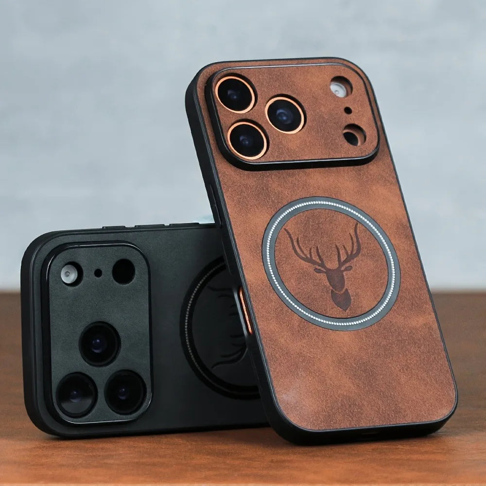 Magnetic Deer Head Pattern Leather Phone Case For iPhone 17 16 15 14 13 12 Pro Max Plus 17Pro Air For Magsafe Shockproof Cover