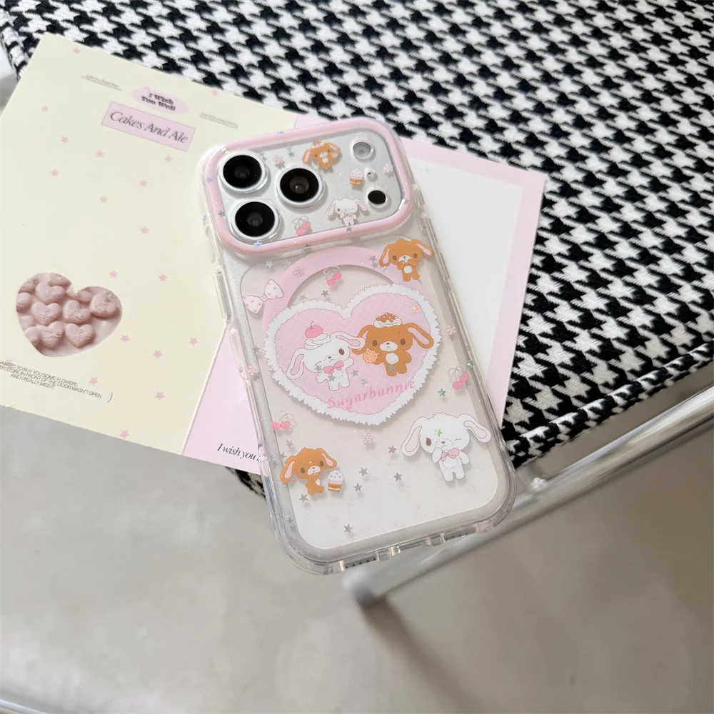 Korean Cherry Dessert Rabbit Magnetic Phone Case for iPhone 17 16 15 Pro 15 16 Pro Max Funda with Magsafe Shake Stand Cute Cover