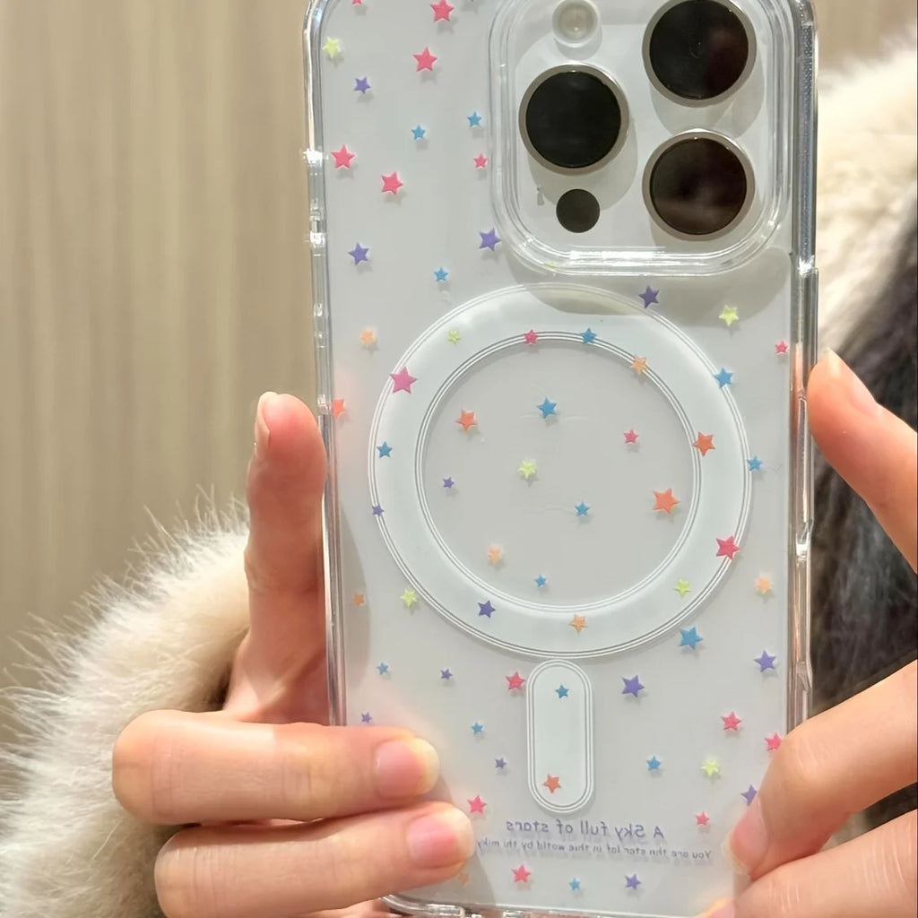 Colored stars, transparent magnet case for iPhone17 16, 15 14 13 12 11 Pro Max Plus