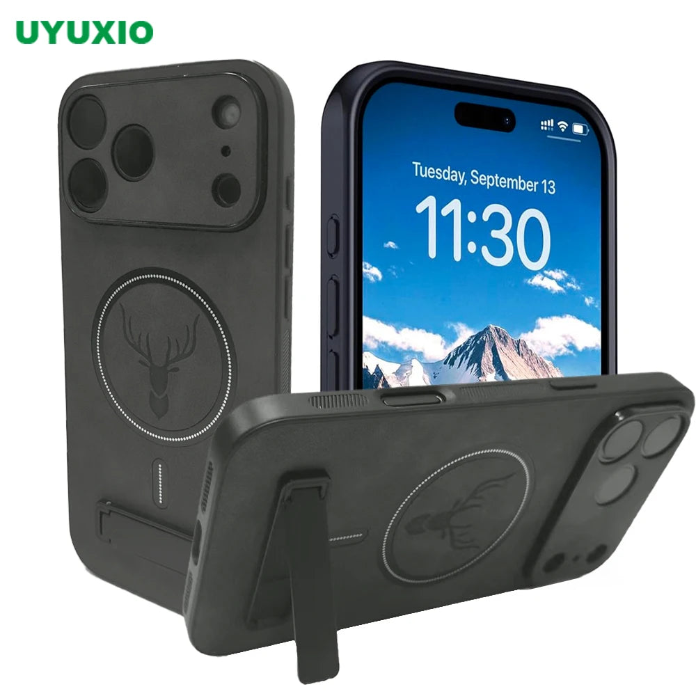 UYUXIO Magnetic Mobile Phone Case with Kickstand for iPhone 17 Pro Max 16 15 14 Plus 13 12 11 Stand Cases Back Cover with Holder