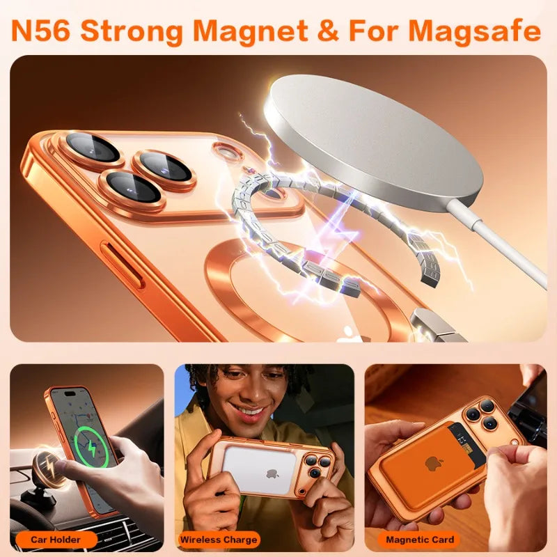 Fashion Orange Magnetic Clear Case For iPhone Air 17 16 15 14 13 12 11 Pro Max Plus Wireless Charge Plating Soft Business Cover
