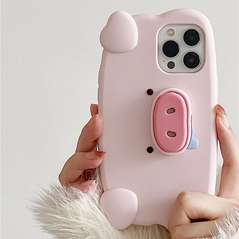 Fun 3D Pink Saliva Pig Nose Invisible Bracket Case For iPhone 13 14 15 16 17 Pro Max Cute Creative Holder Stand Shockproof Cover