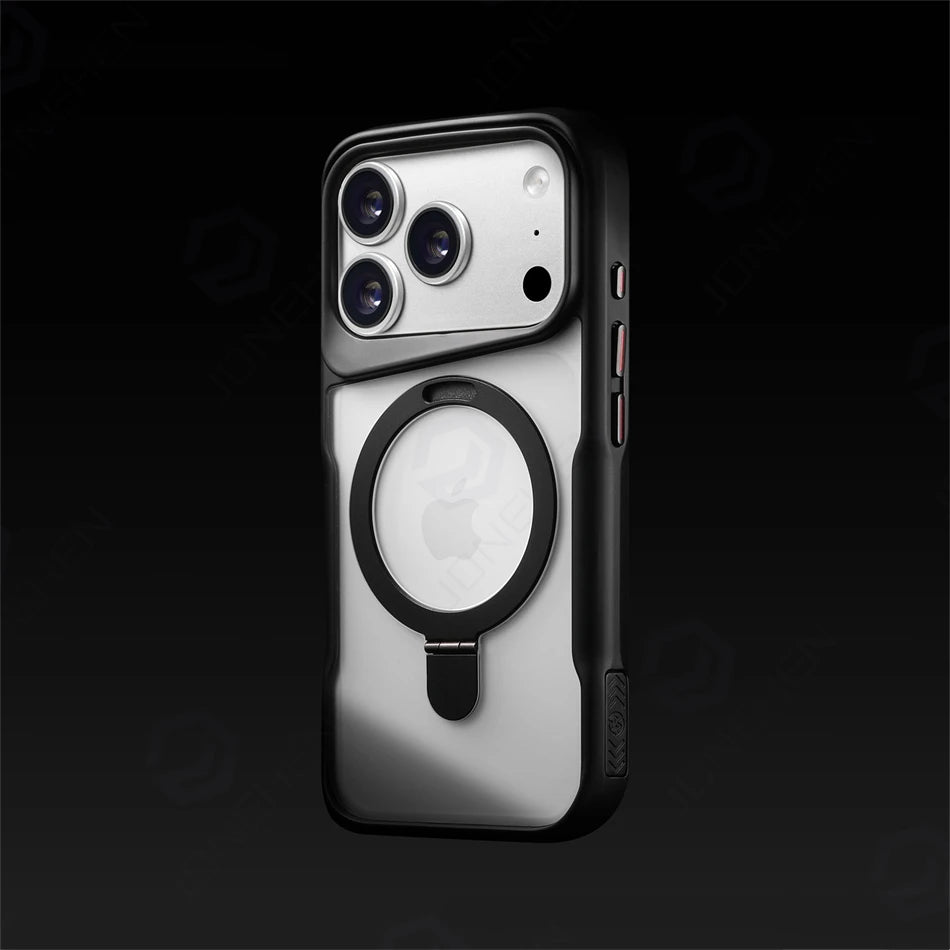 For Magsafe Magnetic Charge Translucent Armor Case For iPhone 17 16 15 14 13 Pro Max Metal Bracket Stand Holder Clear Cover