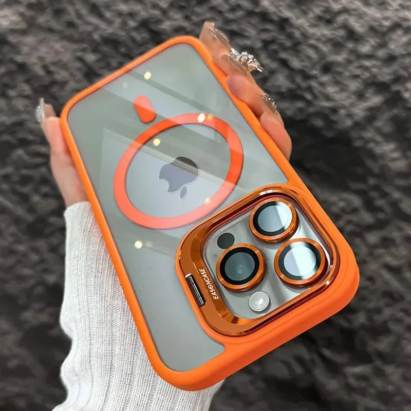 Luxury Magnetic Shockproof Phone Case For iPhone 16 15 14 13 12 11 17 Pro Max For Magsafe Funda Stand Glass Lens Protector Cover