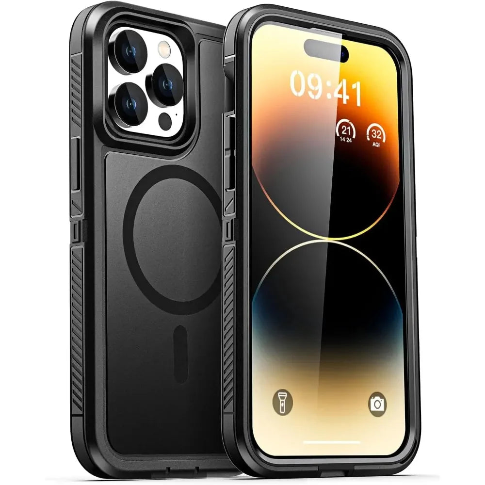Premium Heavy Duty OTT Magnetic Armor Case for IPhone 17 16 15 14 Plus 13 12 Pro Max Anti-Slip Grip Charging Protect Cover Box