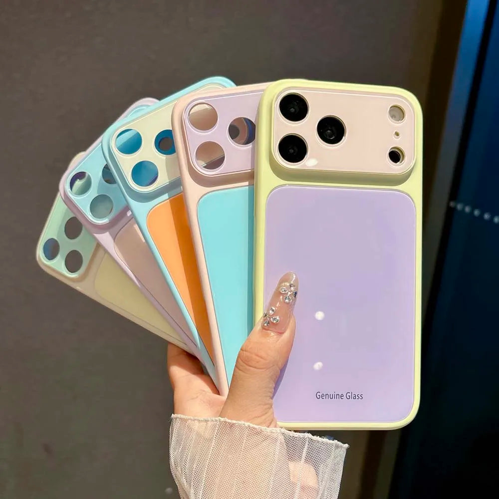 Q6 Candy Color Crystal Glass Lens Protect Phone Case For iPhone 17 16 15 14 Pro Max Contrasting Color Shockproof Back Cover