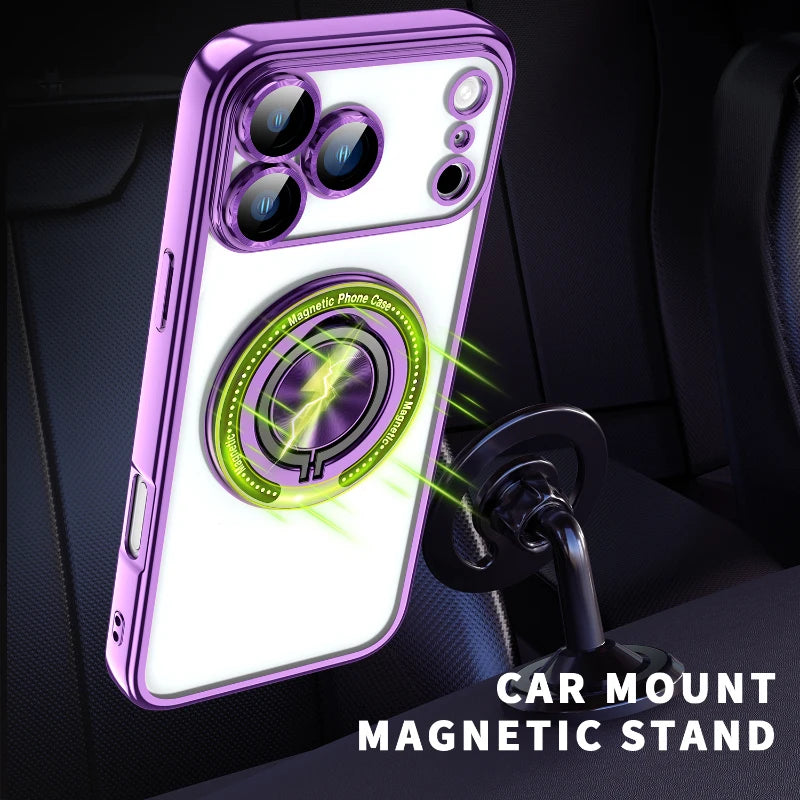 For Magsafe Magnetic 360°Rotat Metal Holder Ring Plating Border Phone Case For iPhone 17 Pro Max Air 15 11 12 13 14 16 Pro Max E