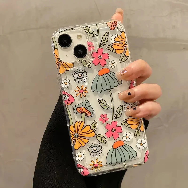 Cute Retro Cartoon Eyes Mushroom Floral Print Clear Phone Case For iPhone 17 16 15 14 13 12 11 Pro Max Cell Phone Funda