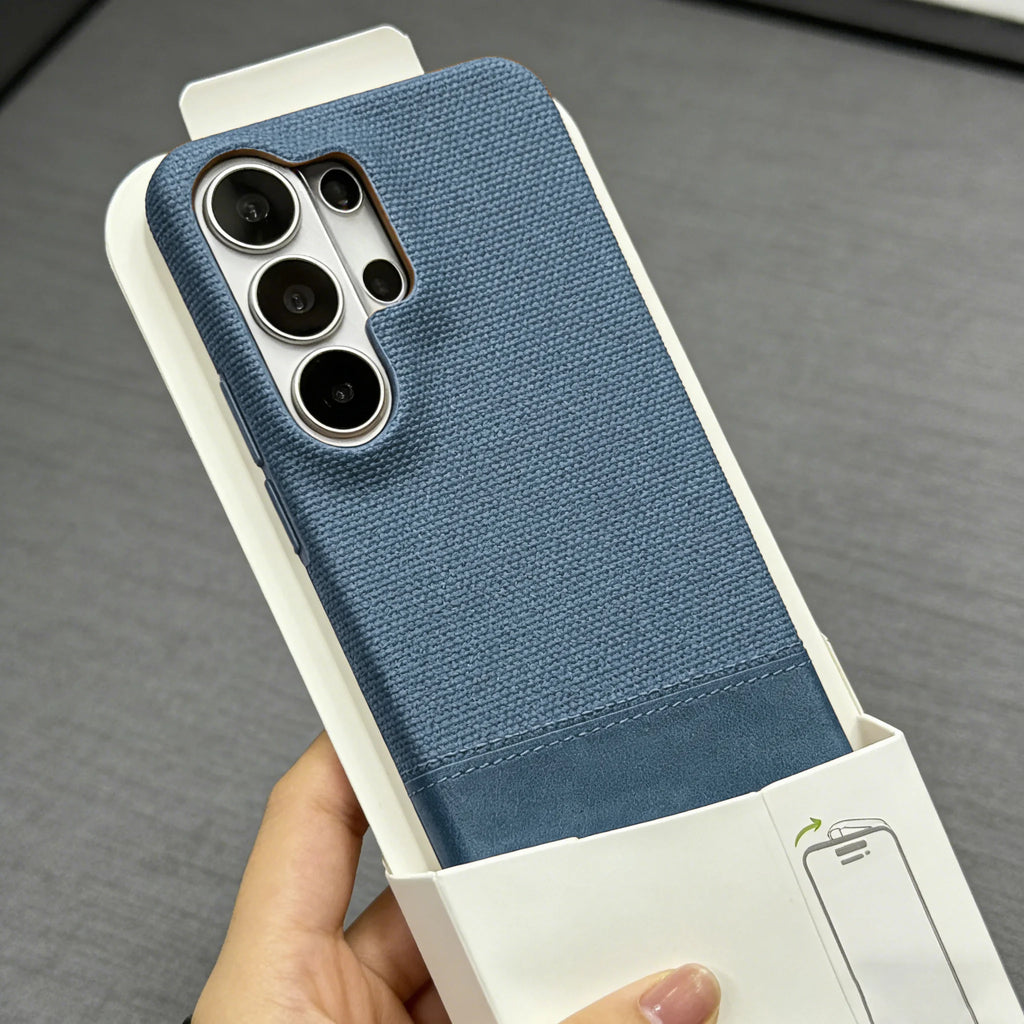 Luxury Frameless Splicing Fabric Denim Phone Case For Samsung Galaxy S26 S25 S24 S23 Ultra Business Hard Armor Shockproof Cover