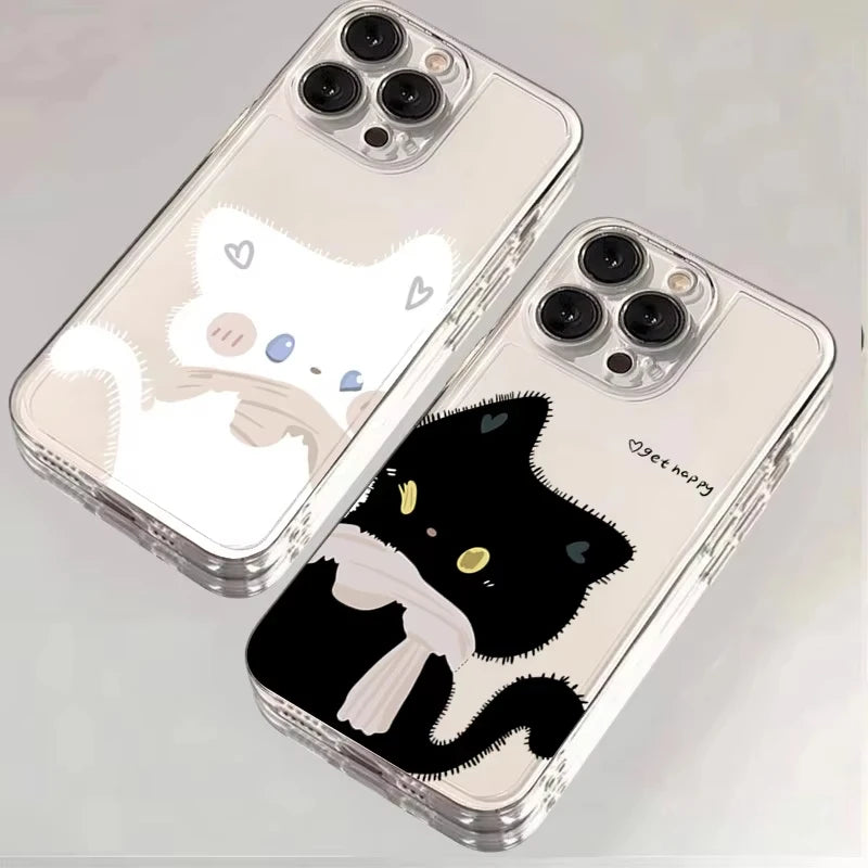 Cartoon Black White Cat Couple Phone Case For iPhone 17 Pro Max 16 15 Pro 14 13 Mini 12 11 17Air 16 Plus Clear Bumper Cover