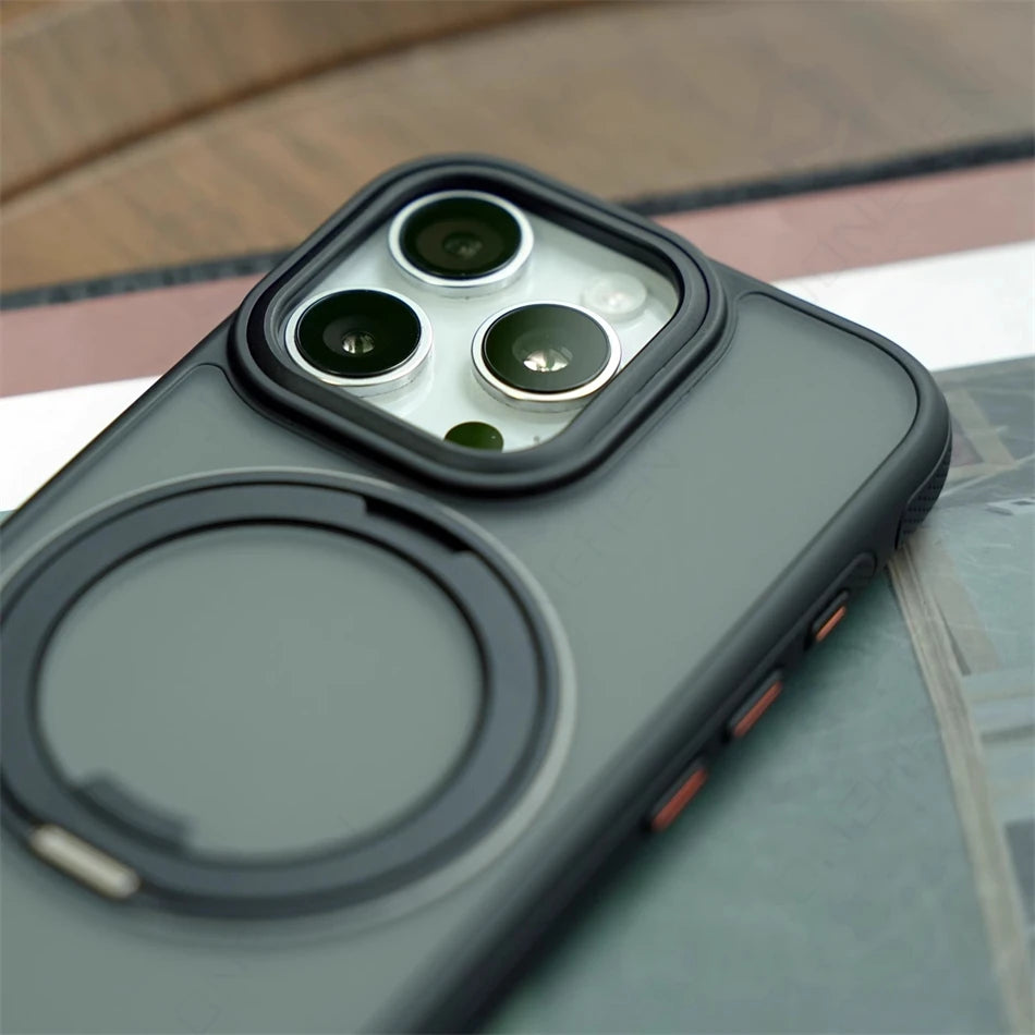 360° Rotation Ring Stand Magnetic Case For iPhone 13 14 15 16 17 Pro Max 16E Matte Military Shockproof Armor Cover For Magsafe