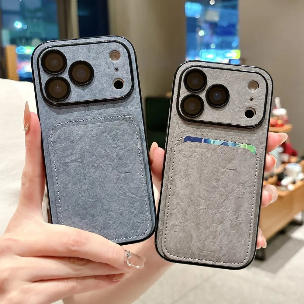 Large Window Wrinkle Texture Card Slot Case For iPhone 17 16 15 14 Plus 13 Pro Max Lens Protection Shockproof Matte Wallet Cover