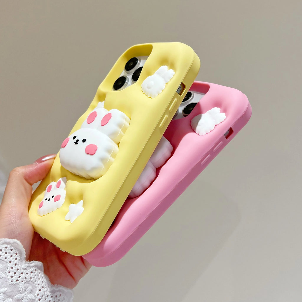 3D Animal Cartoon Rabbit Silicone Phone Case for iPhone 16 15 14 13 12 Pro Max 11 Soft Cover with Wrist Strap&Folding Holder