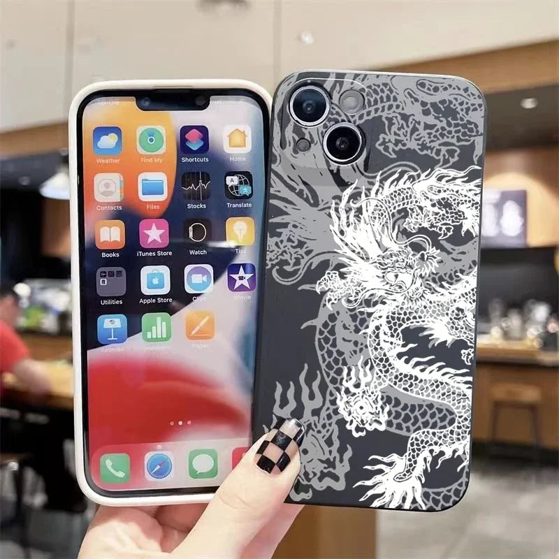 Black White Dragon Silicone Phone Case For iPhone 15 16 Pro Max Cases iPhone 14 13 12 11 Pro 16E XS X XR 7 8 Plus SE2 Soft Cover