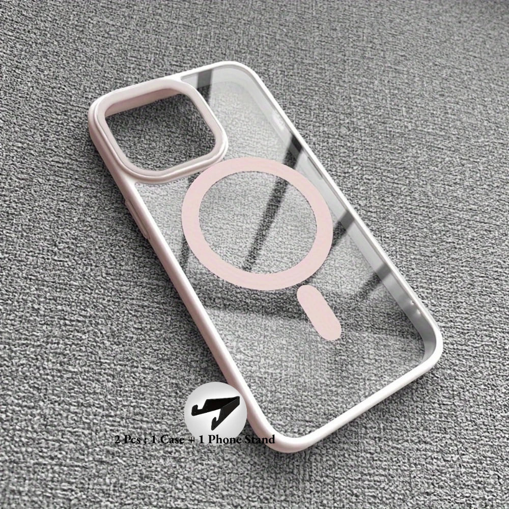 1 Case + 1 Phone Stand Luxury Clear Magnetic Wireless Charging Phone Case for iPhone 17 16 15 14 13 12 11 Pro Max Plus