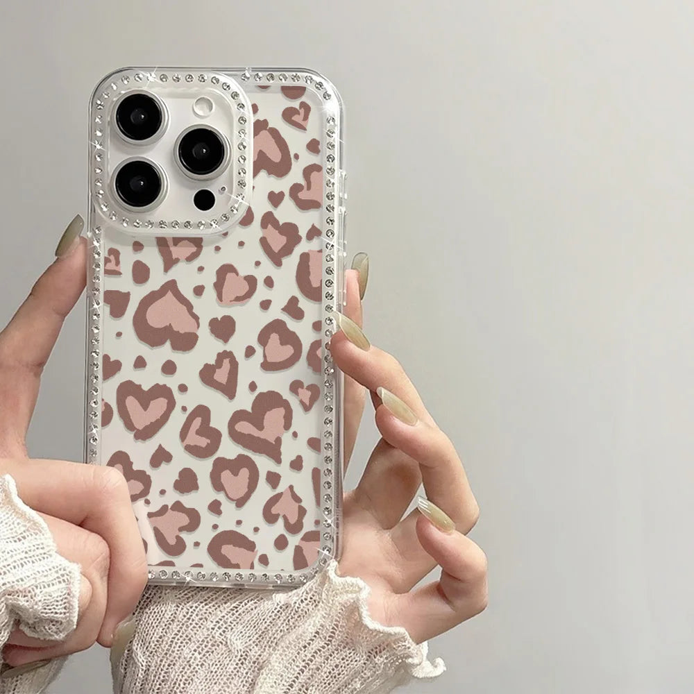 Heart-Shaped Leopard Print Phone Case For iPhone 16 Pro Max 17 Pro 13 16 14 15 17 12 Air 11 Shockproof Funda Cover Transparent