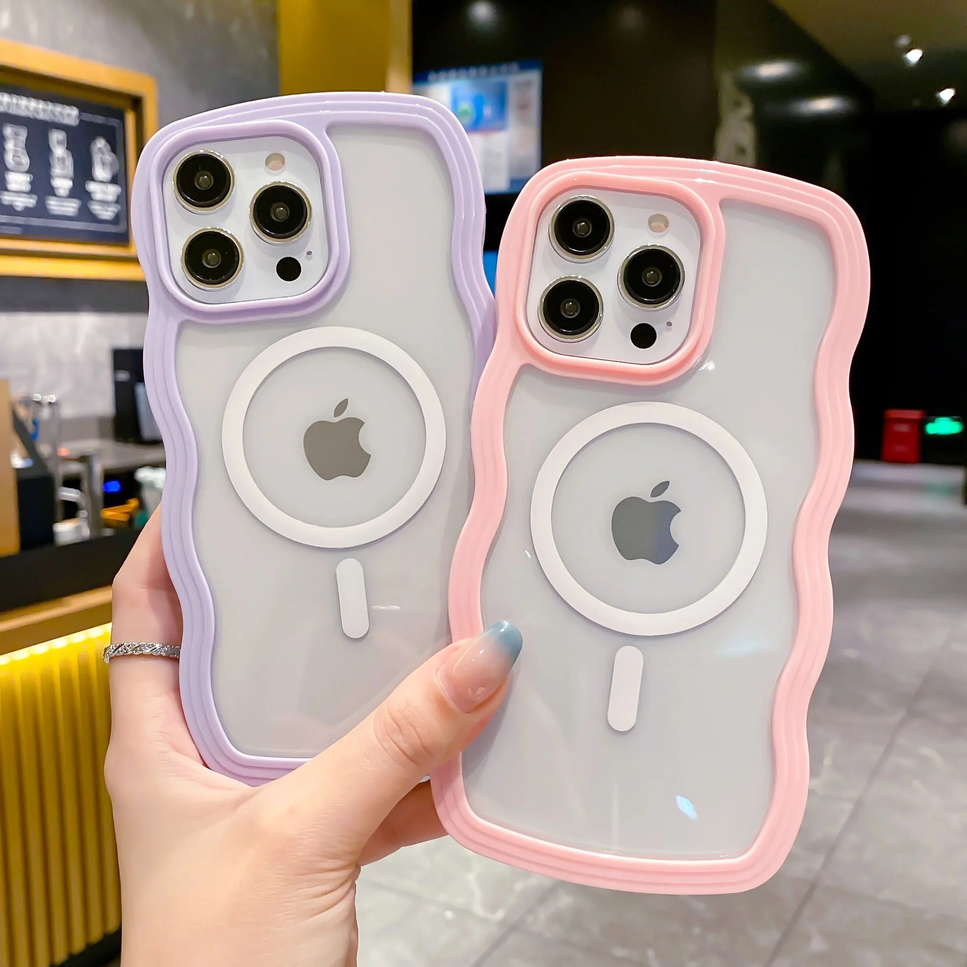 Cute Transparent Magnetic Phone Case For iPhone 16 15 14 13 12 11 Pro Max 15 16 Plus For Magsafe Charge Wave Frame Protect Cover
