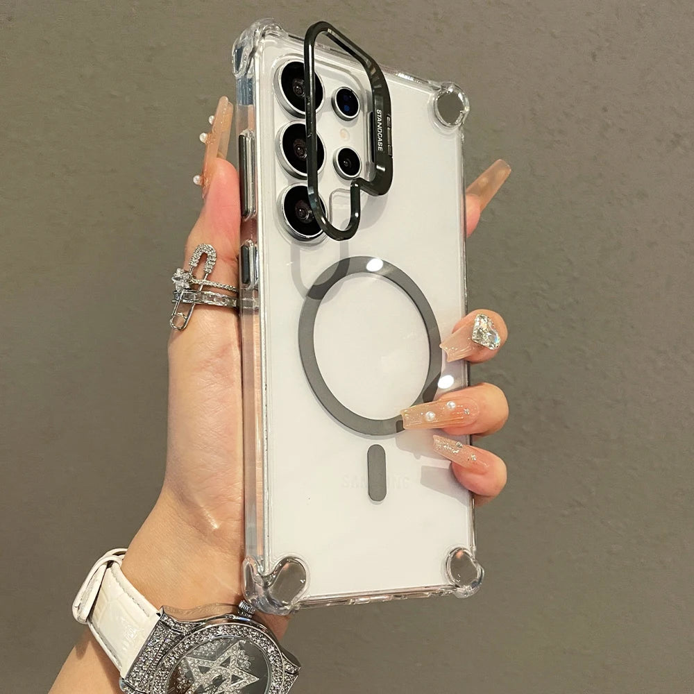 Military Armor Magnetic Clear Lens Stand Phone Case For Samsung Galaxy S24 S23 S25 Ultra For Magsafe Wireless Charge Back Cover