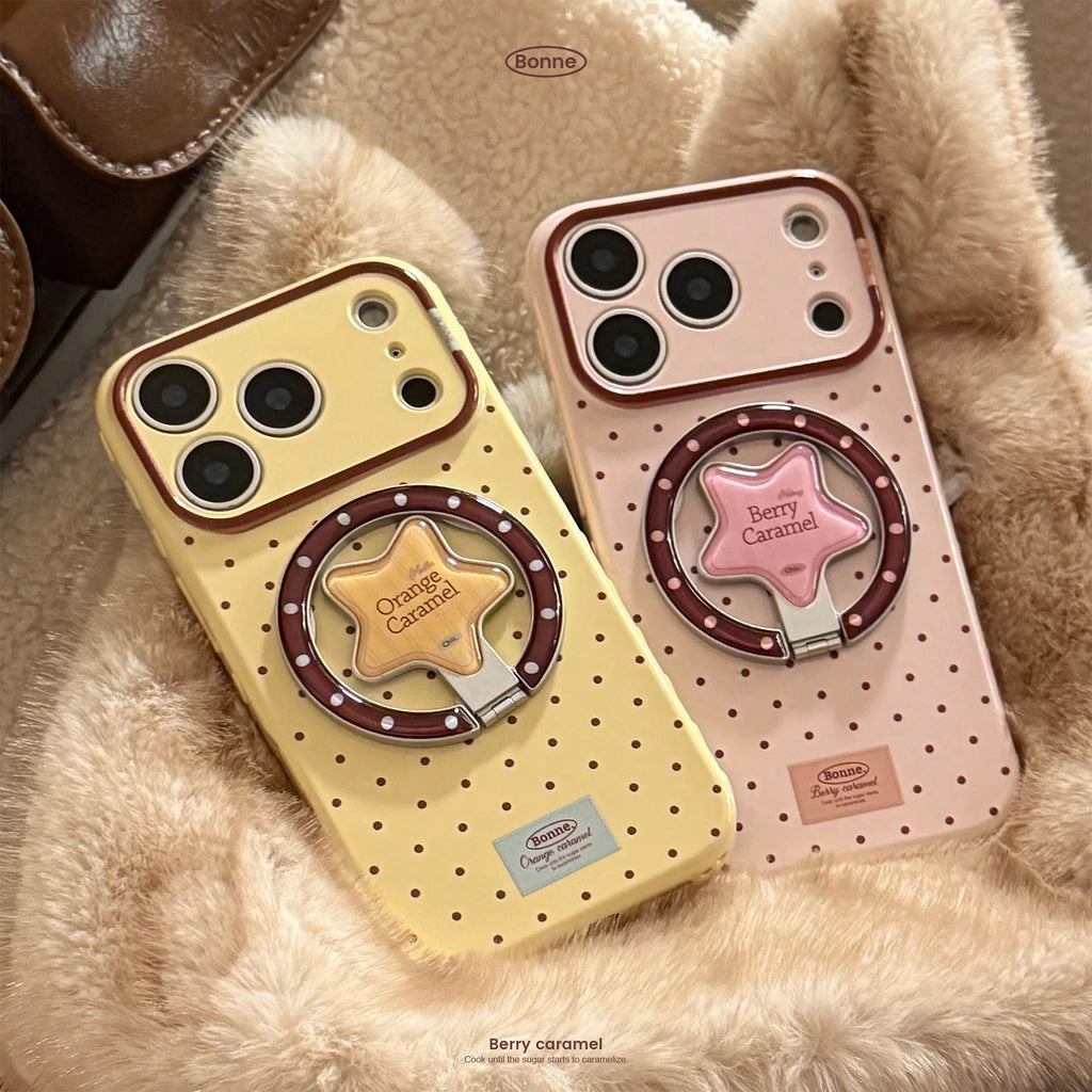 Korean Polka Dots Cartoon Bear Fold Stars Magnetic Bracket Phone Case For iPhone 17 16 15 14 13 12 Pro Max Shockproof Soft Cover