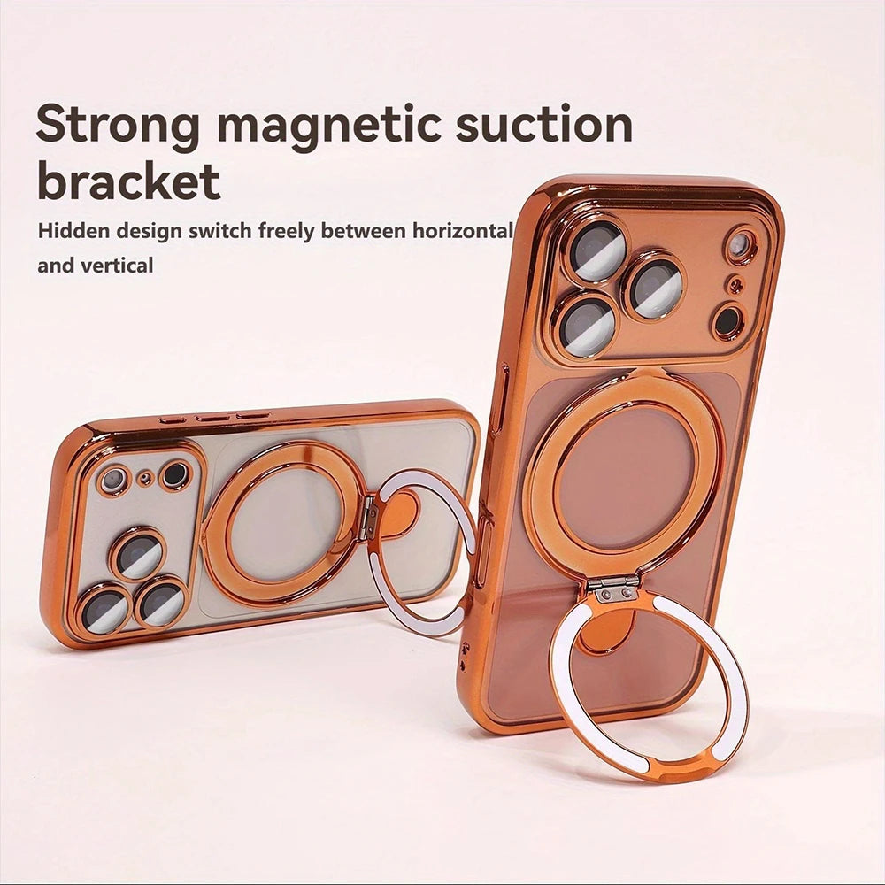 Luxury Plating Magnetic Bracket Phone Case For iPhone 17 16 15 14 13 Pro Max 17Pro Cases For Magsafe Stand Holder Clear Cover