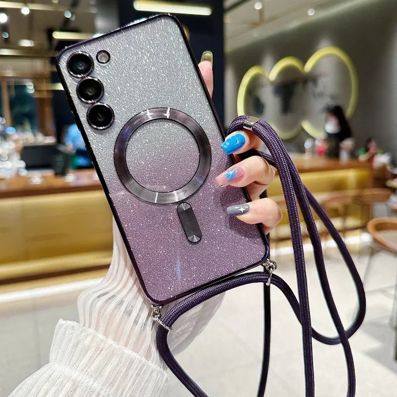 Crossbody Lanyard Glitter Case For Samsung Galaxy S26 S25 Edge S24 S23 S21 FE S22 Ultra Plus For Magsafe Magnetic Soft TPU Cover