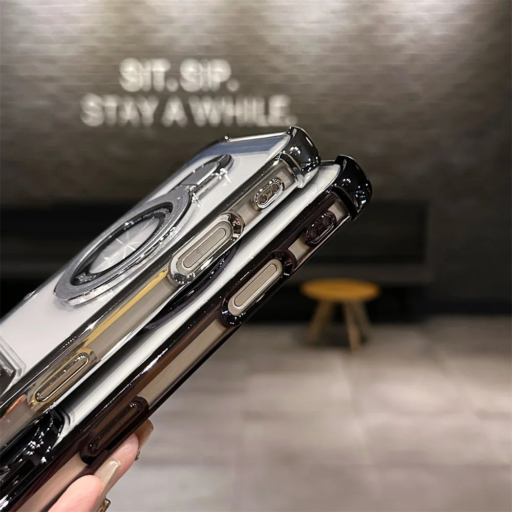 Luxury Plating Transparent Phone Case For iPhone 17 Pro Max 14 15 Plus Air 11 12 13 16 Pro For Magsafe Magnetic Ring Stand Cover