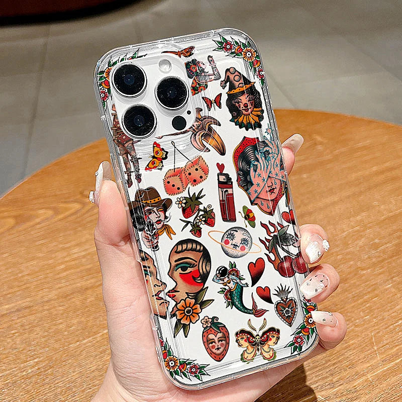Vintage Tattoo Design Clear phone case For iPhone 17 16 15Pro Max 11 12 13 14Pro Plus Shockproof Funda Shell чехол на айфон