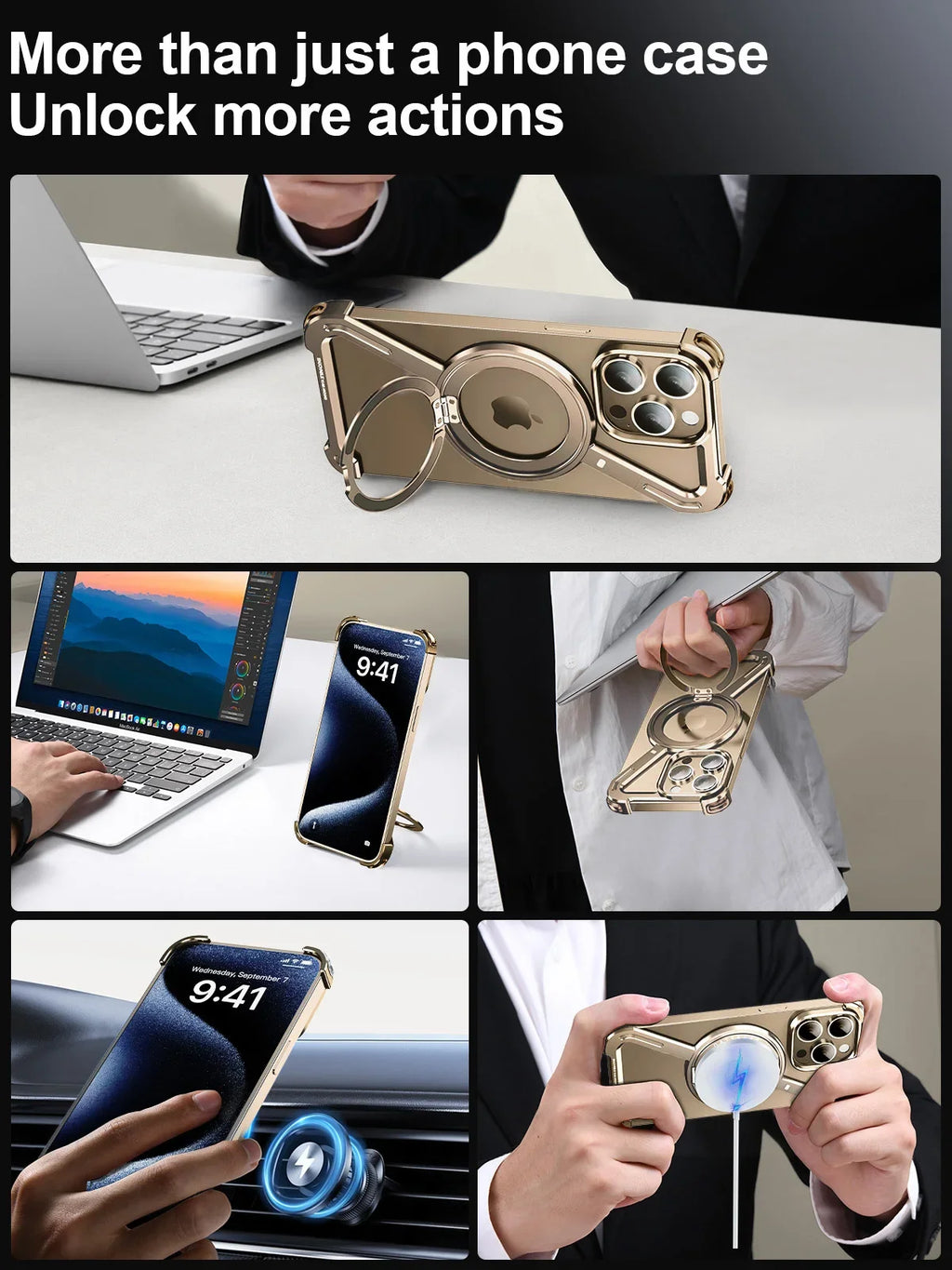 Z Case aluminum Metal for iPhone 16 15 14 Pro Max Frameless with Magsafe Kickstand 360° Magnetic Stand Minimalist Shock Shells