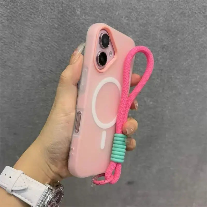 for Magsafe Candy Contrast Lanyard Magneti Case for iPhone 17 16 15 Pro Max 14 Plus 11 12 13 17 Air Hand Wrist Strap Matte Cover