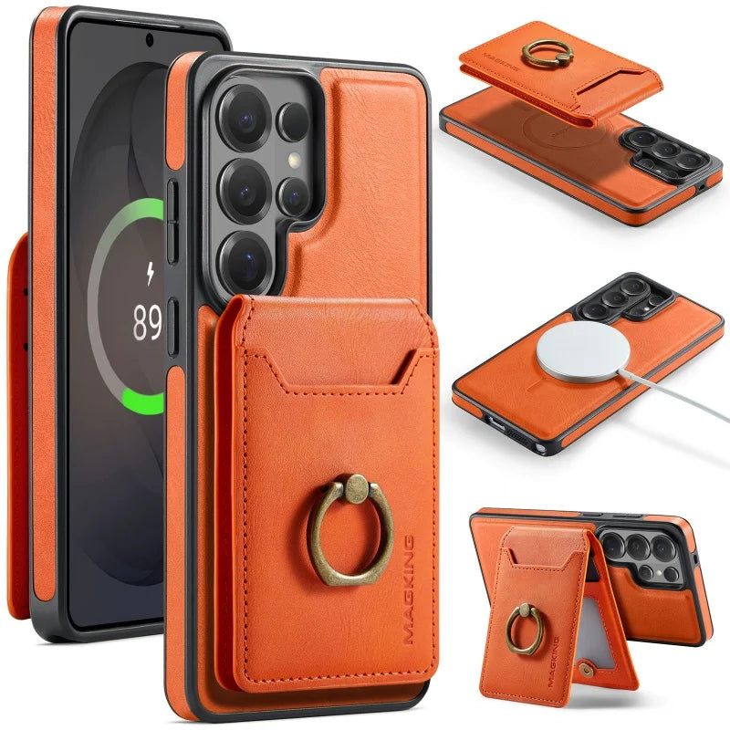 Ring Leather For Magsafe Wallet Phone Case for Samsung Galaxy S26 Plus S25 Ultra S24 FE S23 Cards Holder Flip Cover Hoesje Coque