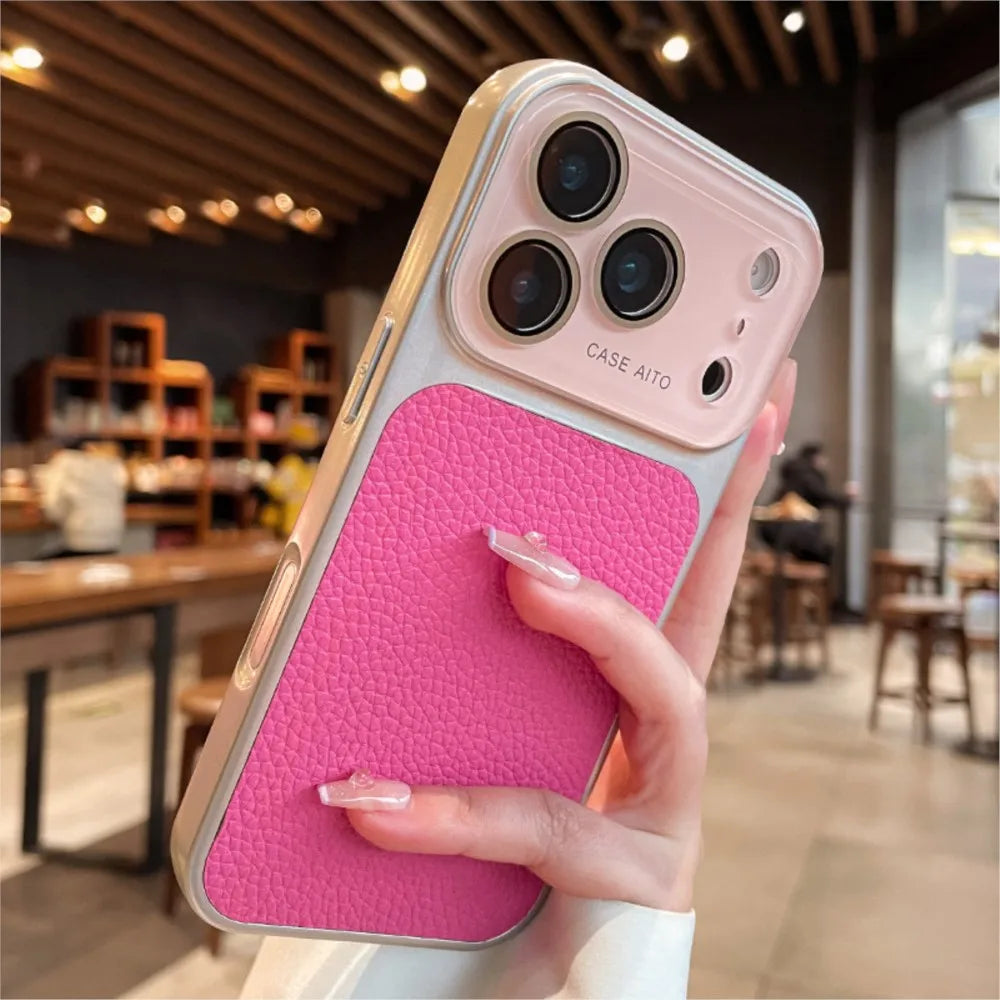 Luxury Lichee Pattern Leather Phone Case For iPhone 17 16 15 14 13 12 Pro Max Plus Air Camera Film Protection Bumper Back Cover