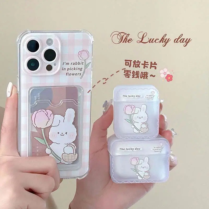 Cartoon Cute Rabbit Bear Card Holder Slot Bag Clear Phone Case For IPhone 17 Air 16 15 14 12 11 Pro Max 13 Mini Plus Soft Cover