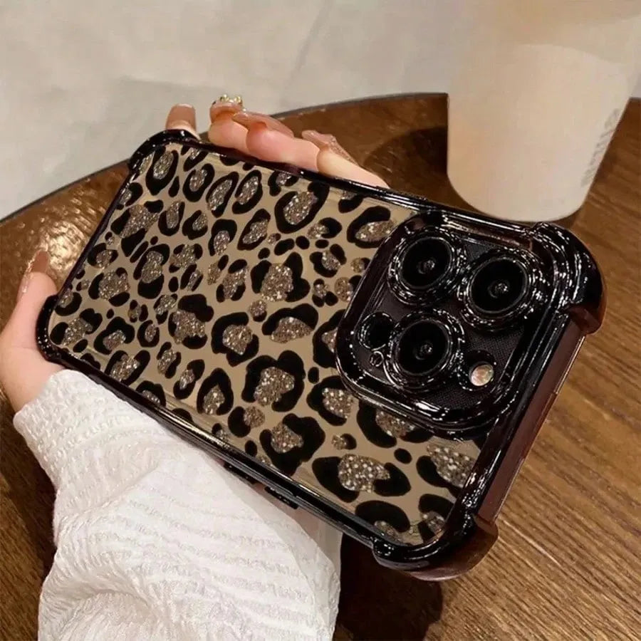 Glitter Leopard Print Plating Phone Case For iPhone 17 16e 16 15 14 13 12 11 Pro Max X XSMax 7 8 Mini Air Plus Anti-Fall Airabag