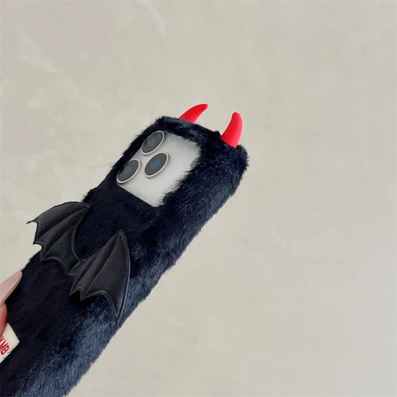 Korean Fluffy Plush Little Devil Case For iPhone 17 16 15 14 Pro Max Case 13 Cute Girl Winter Warm Cover Fur Soft Coque