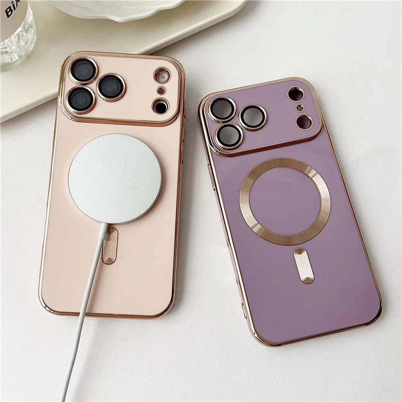 Luxury Plating Silicone Phone Case For iPhone 17 13 15 14 16 12 11 Pro Max Plus Air For Magsafe Magnetic Cover For iPhone 17 Pro