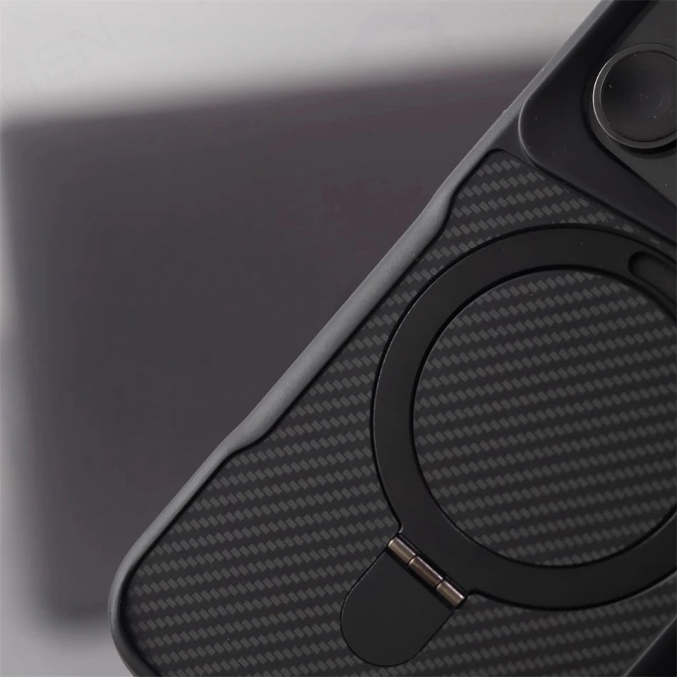 Luxury For Magsafe Shockproof Frame Armor Case For iPhone 13 15 12 14 16 17 Pro Max Metal Bracket Carbon Fiber Pattern Cover