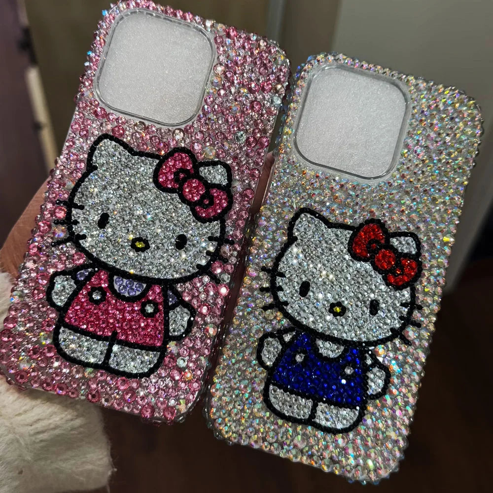 Kawaii Hello Kitty Rhinestone Bling Crystal Phone Case Chain For Iphone 7 8 17 16 15 14 13 12 11Pro Max Plus Shockproof Cover