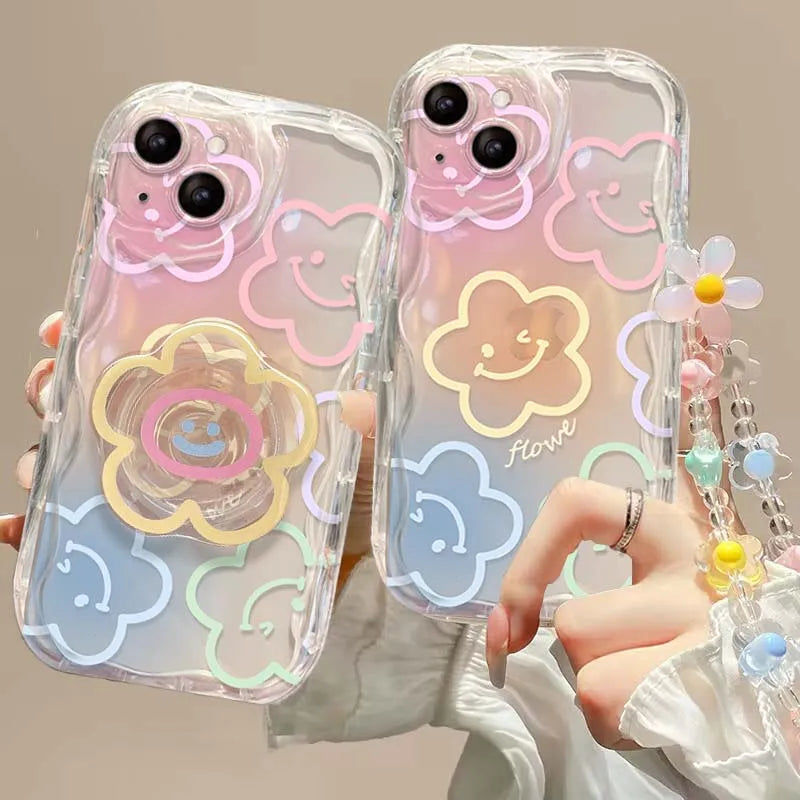 Smile Flower Lanyard Chain Case For Samsung Galaxy S26 S25 FE S24 Ultra Plus FE A17 A57 A37 A56 A55 A16 A15 A54 A53 A36 A26 5G