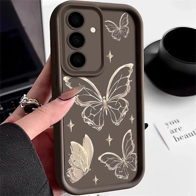 Gold Butterfly Print Case For Samsung Galaxy S26 S25 S23 Ultra S24 FE A57 A56 A17 A36 A26 A55 A16 A15 A35 A25 5G Soft TPU Cover